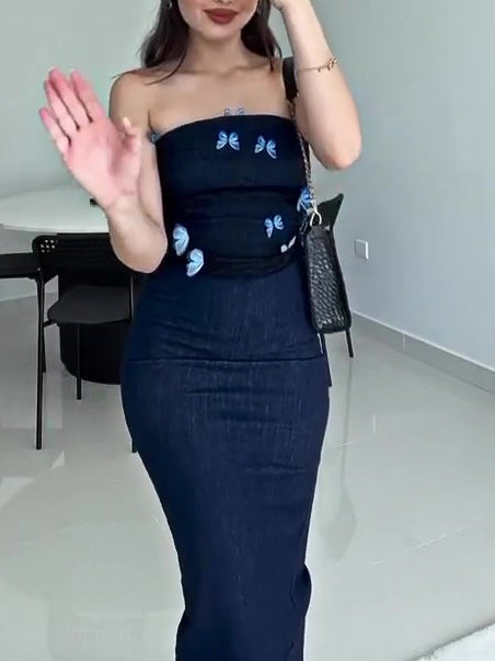 Denim Tube Top Patchwork Mesh Butterfly Dress