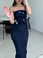 Denim Tube Top Patchwork Mesh Butterfly Dress
