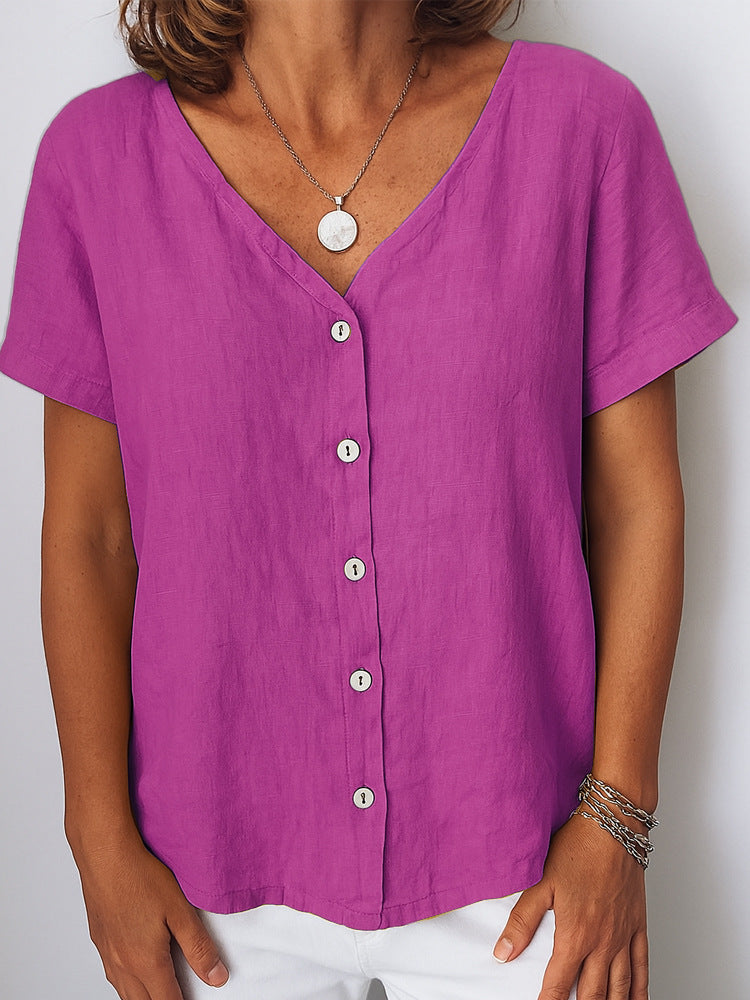 Casual Short-Sleeve V-Neck Cardigan Multi-Color Womens Shirt