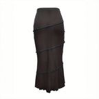 Womens Solid-Color Multi-Layer Patchwork Ruffle-Trim Knitted Fishtail Skirt