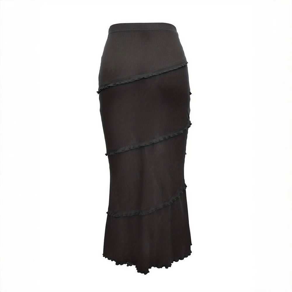 Womens Solid-Color Multi-Layer Patchwork Ruffle-Trim Knitted Fishtail Skirt