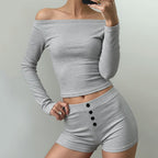 Women's Casual Long-sleeve Top Low-rise Button-front Hip-hugging Hot Pants