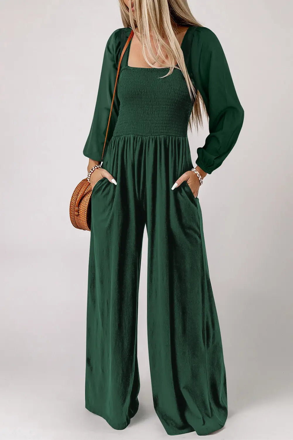 Smocked Square Neck Wide Leg Jumpsuit Women UK