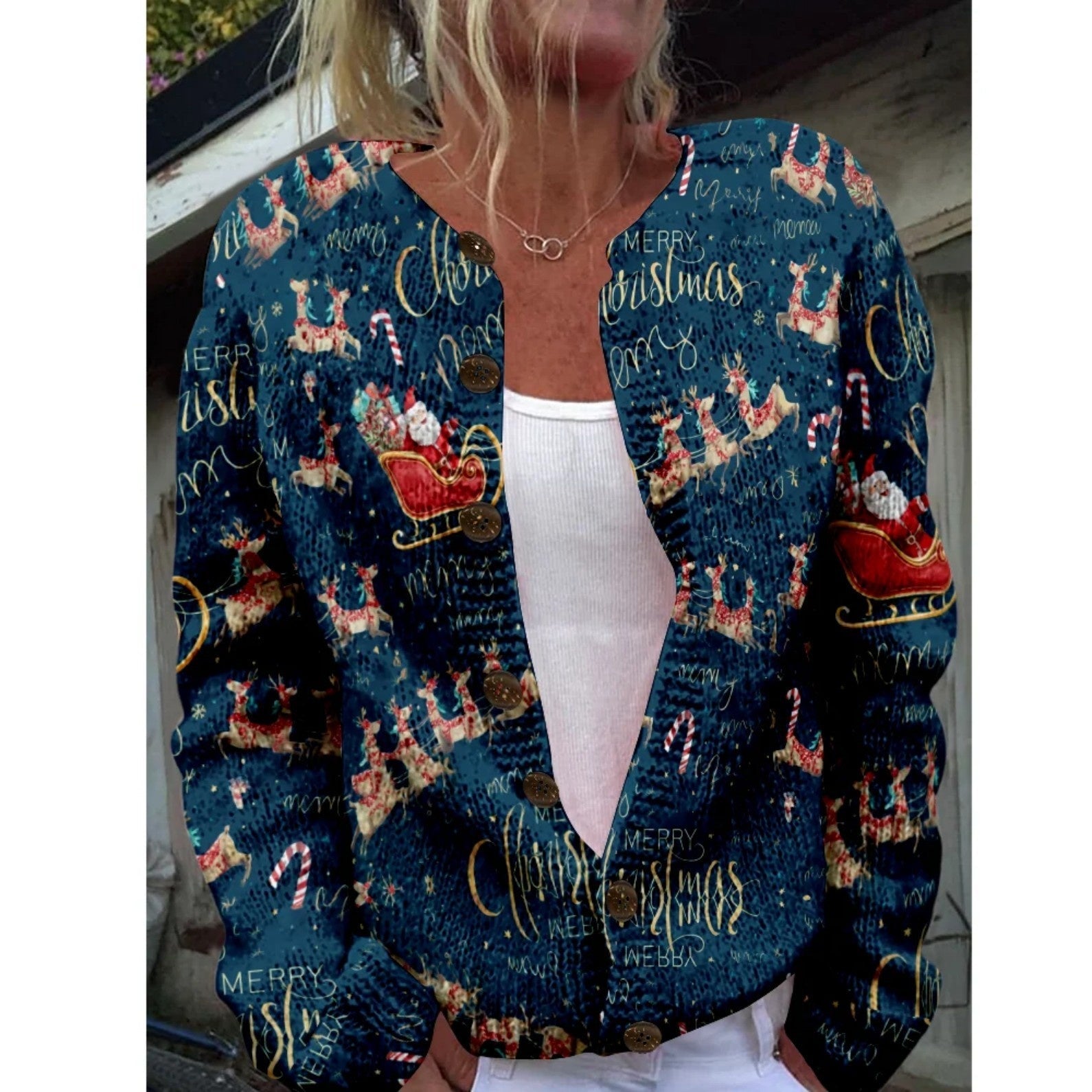 Round Neck Sweater Christmas Button Cardigan Long Sleeve Sweater