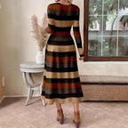 Women's Casual Crew-Neck Colorblock Striped Maxi Dress
