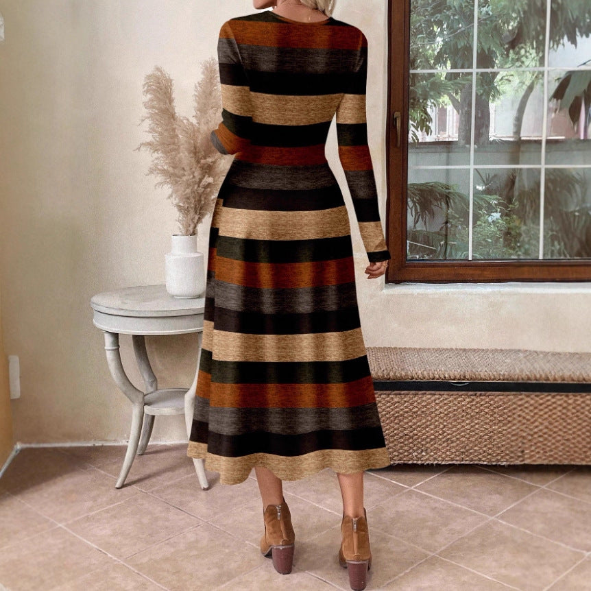 Women's Casual Crew-Neck Colorblock Striped Maxi Dress