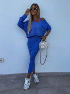 Women's Two Piece Dress Suit Fashion Long-sleeved  V-neck Pullover Sweatshirt And Sleeveless Dresses Set