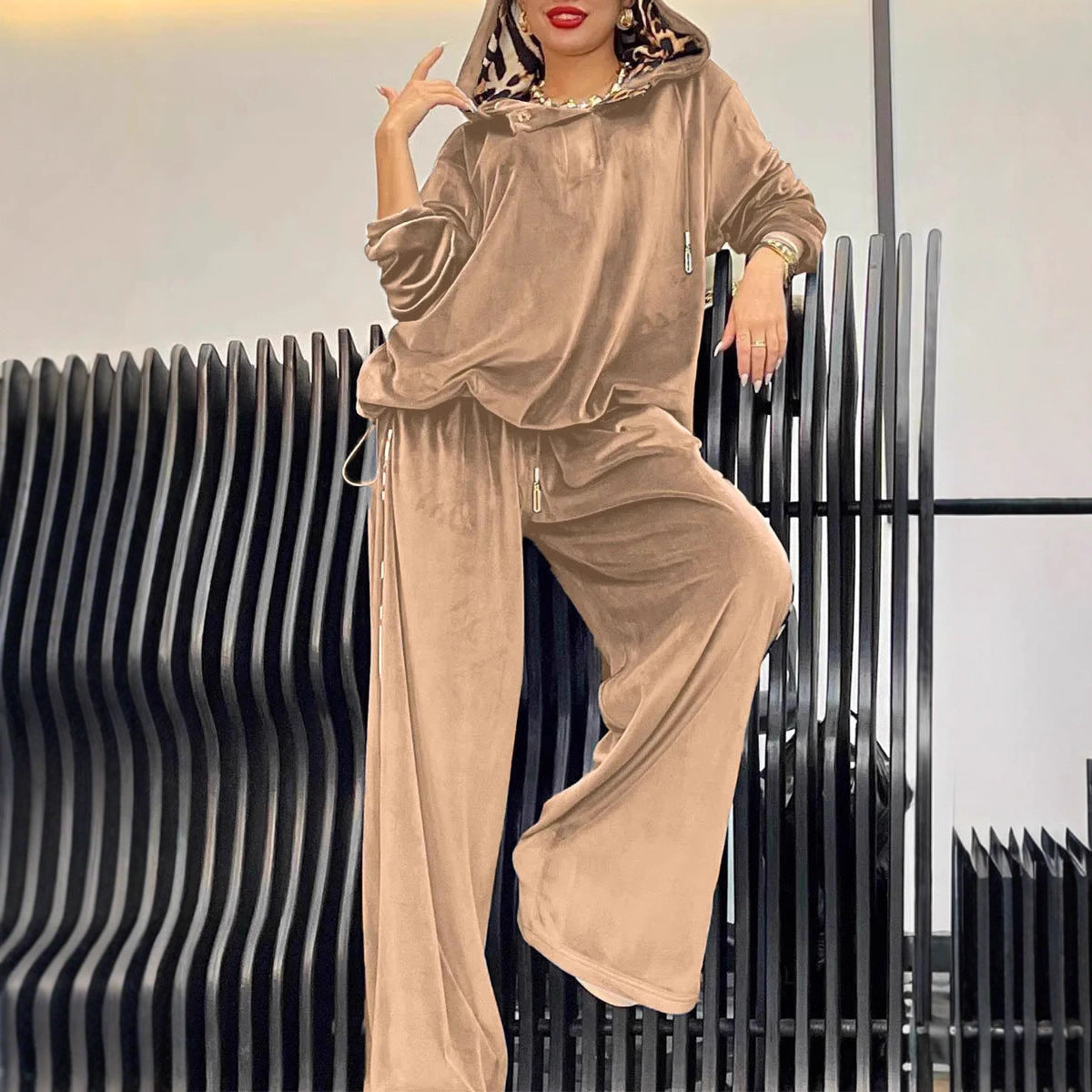 Loose Casual Two-piece Suit Leopard Print Hoodie And Pants Suit For Women
