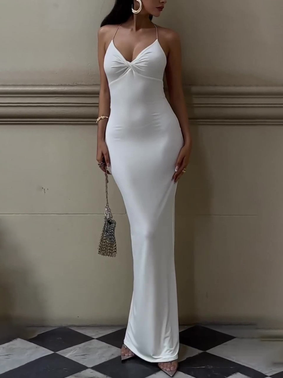 White Twisted Backless Strap Maxi Dress