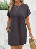 Women's Solid-color Loose-fitting Round-neck Dress With Pockets