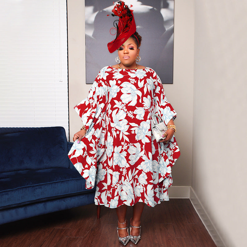Women's Multi-color Split Skirt With Kimono Sleeves Plus-size Dress