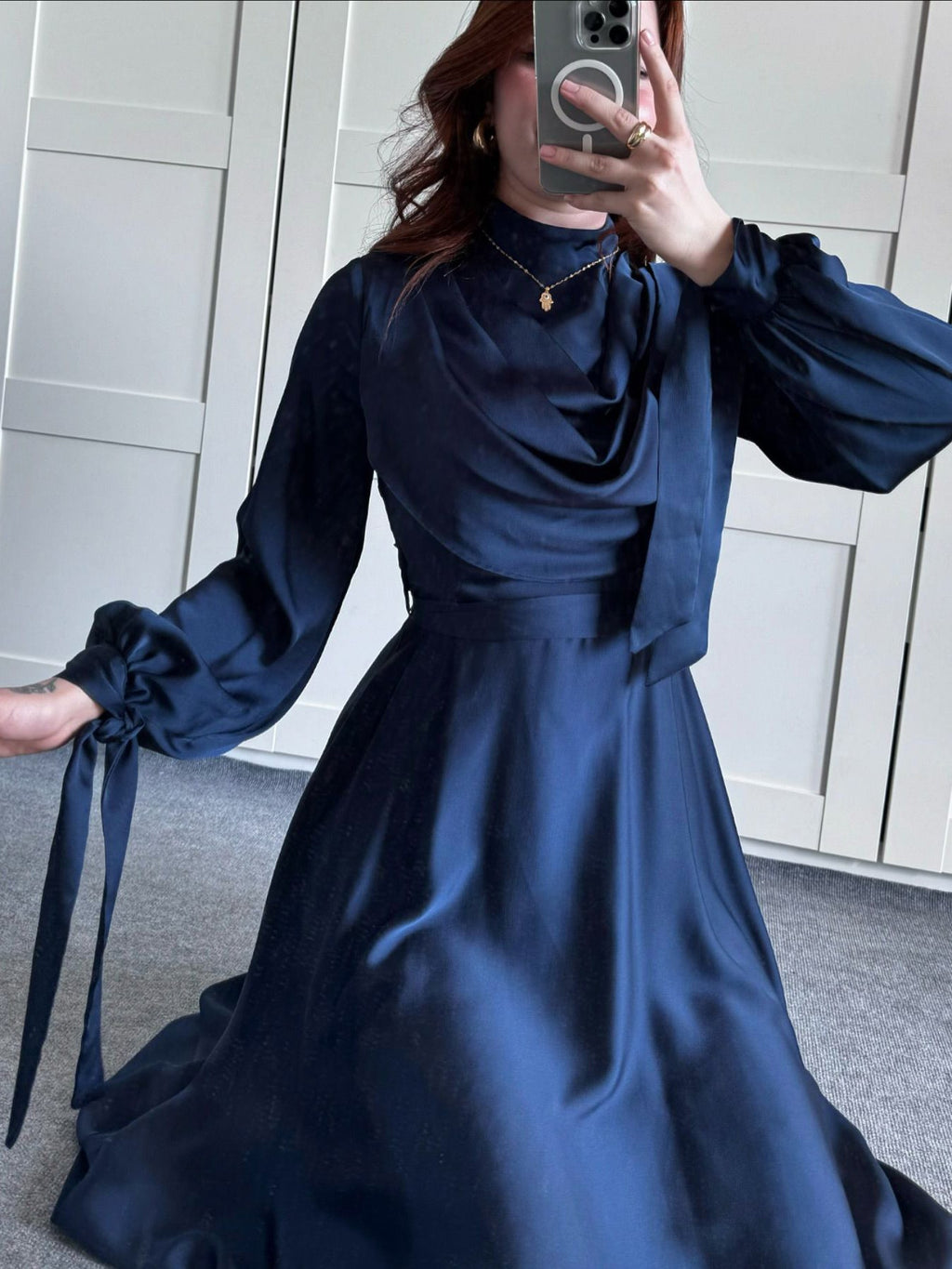 Women's Satin Plunge Neck Long Sleeve Maxi Dress - Elegant Evening Gown