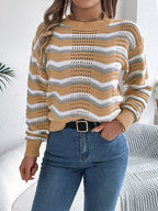 Women Casual Hollow Out Color Block Stripe Lantern Sleeve Pullover Sweater