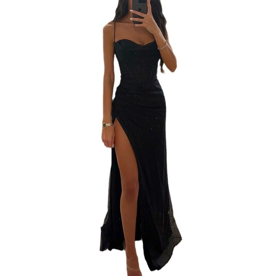 Women's V-Neck Split Maxi Dress - Elegant Sleeveless Evening Party Gown