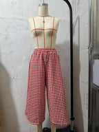 High-waisted Cotton-linen Plaid Wide-leg Pantskirt Loose-fitting Casual Trousers Elegant Style