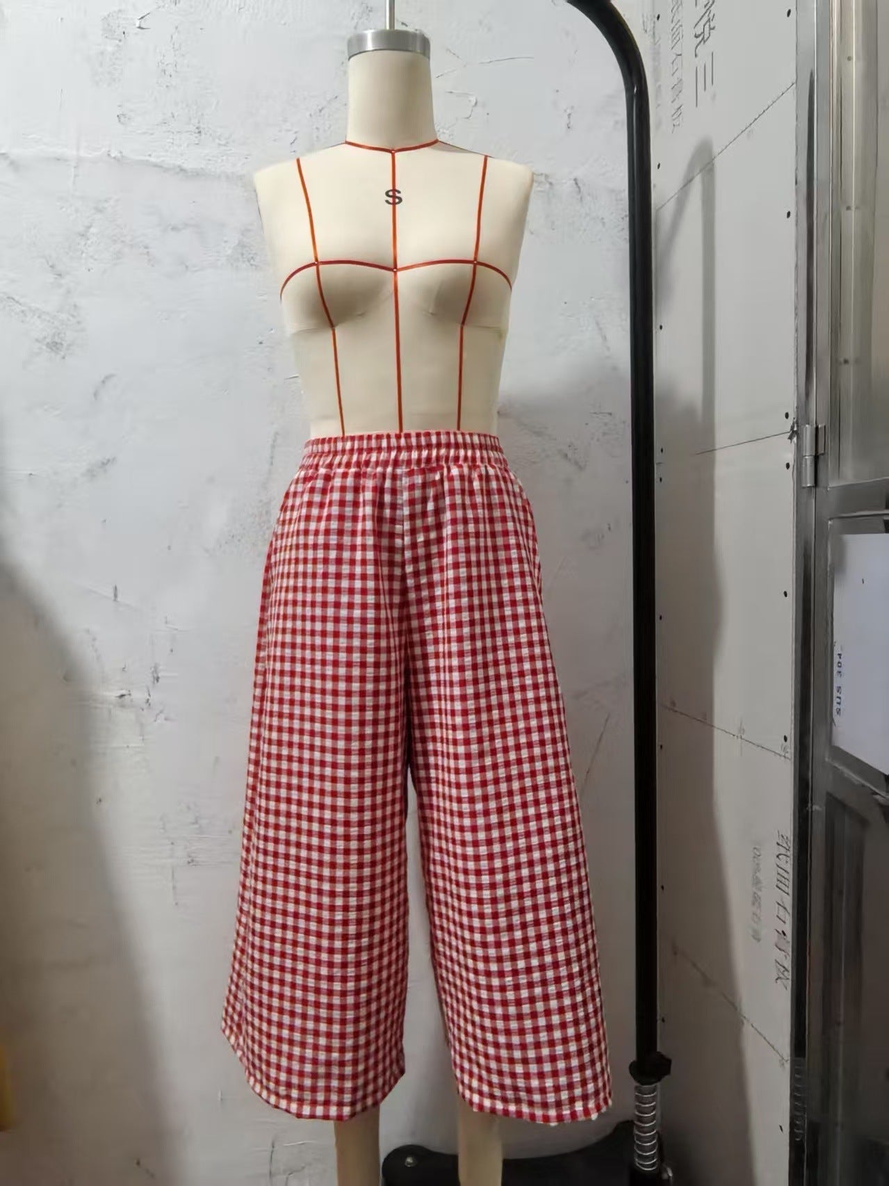 High-waisted Cotton-linen Plaid Wide-leg Pantskirt Loose-fitting Casual Trousers Elegant Style