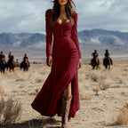 Retro Western Style Button Pleated Long Sleeve Sexy Dress