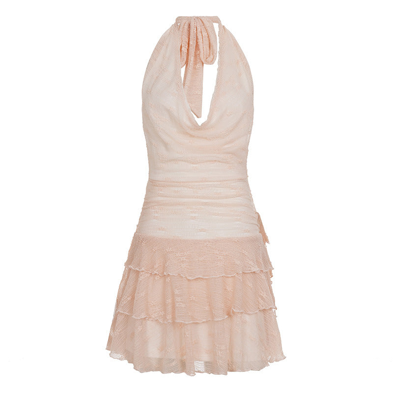 Lace-embellished Backless Pleated Dress Vacation-style