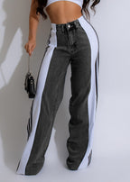 Fashion Casual High Waist Elastic Straight Leg Trousers Three Stripe Patchwork Denim Wide Leg Pants Streetwear