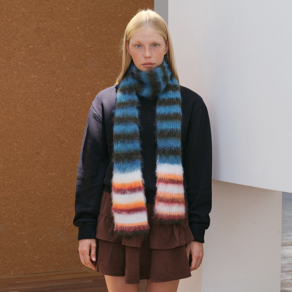 Contrast-color Striped Knit Women's Narrow Soft And Fluffy Wool Scarf