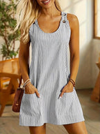 Summer Fashion Striped Patchwork Commuting U-Neck Sleeveless Pockets Back Button Casual Straight Slimming Mini Dress For Women