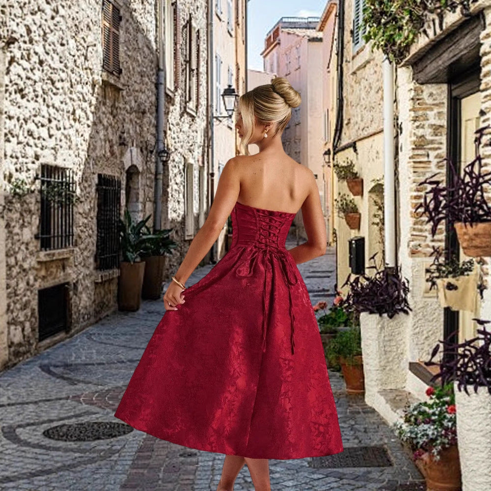 Womens Solid-Color Jacquard Satin Tube Dress