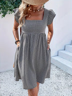 Square-neck Yarn-dyed Plaid Long-sleeve Loose-fitting Dress With Zippered Pockets