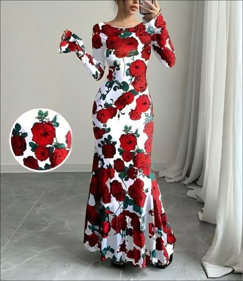 Elegant And Slim-fitting Round Neck Rose Floral Flared Sleeve Bodycon Dress