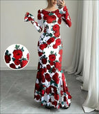 Elegant And Slim-fitting Round Neck Rose Floral Flared Sleeve Bodycon Dress