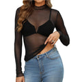 Women's Semi High Neck Sheer Long Sleeve TShirt Sexy Y2K Mesh Top