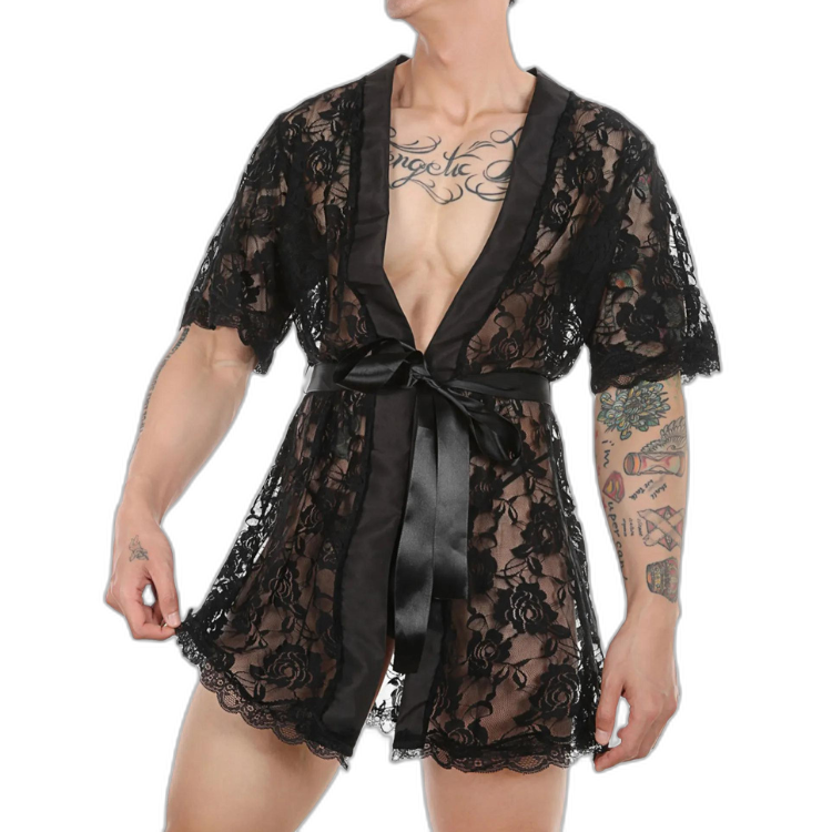 Genderqueer Transparent Lace Bathrobe & Thong Set