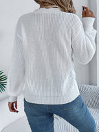Women Casual Hollow Out V-Neck Cable Knit Lantern Sleeve Pullover Sweater