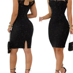 Contrast Lace Evening Dress with Silvery Foil Stitching