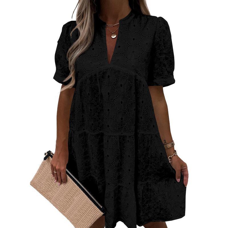 Lace Solid Color V-Neck High-End A-Line Dress