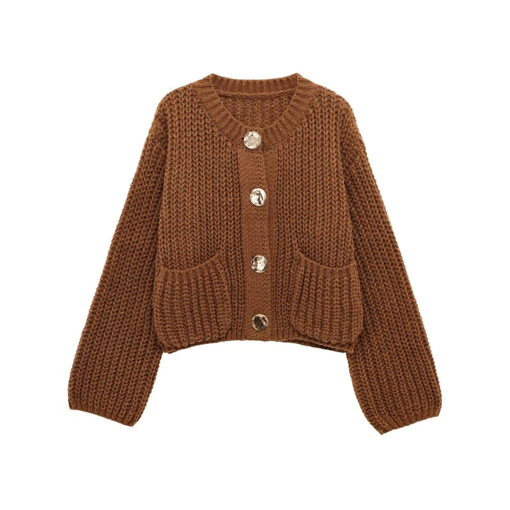 Pocket-button Knitted Women's Round-neck Ingot Sweater Coat