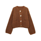 Pocket-button Knitted Women's Round-neck Ingot Sweater Coat