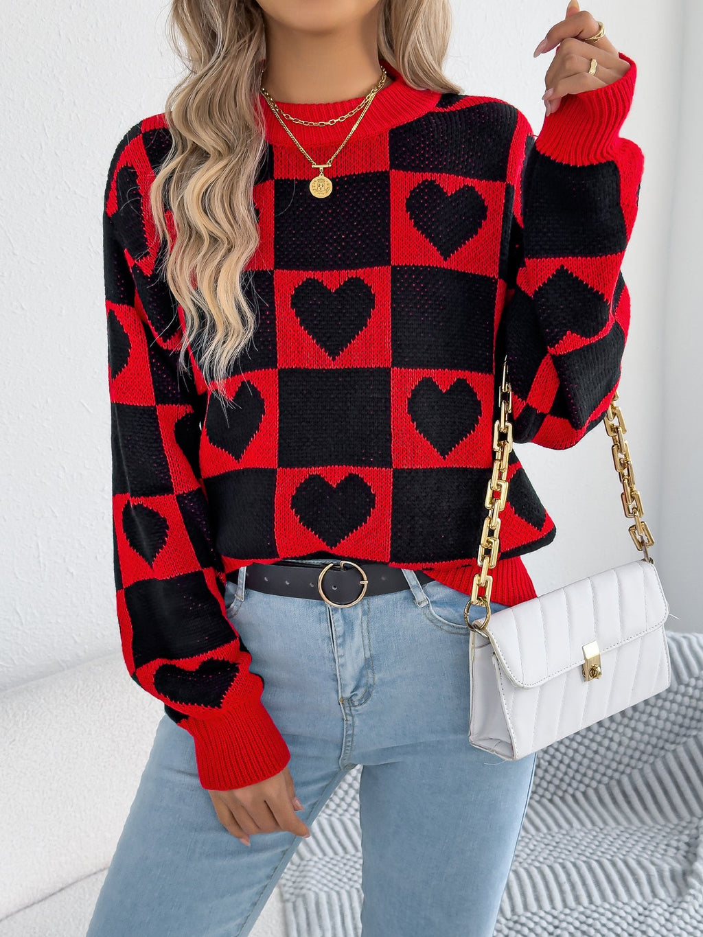 Women's Color-Blocked Plaid Heart Lantern Sleeve Pullover Sweater For Valentine's Day