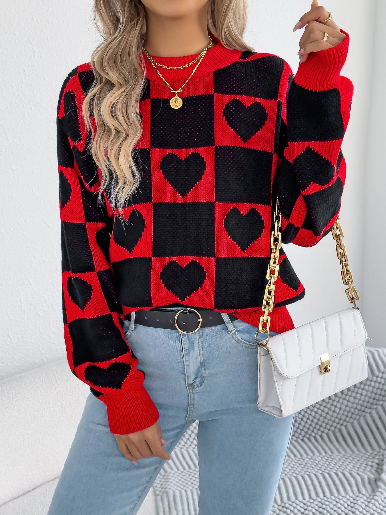 Women's Color-Blocked Plaid Heart Lantern Sleeve Pullover Sweater For Valentine's Day
