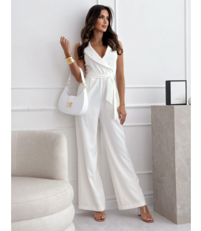 Women's Sleeveless Lapel-collar Wide-leg Jumpsuit With Belt And Pockets