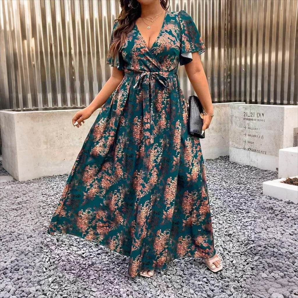 V-Neck Floral Wrap Dress With Flared Sleeves And Side Slit For Women