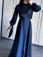 Women's Satin Plunge Neck Long Sleeve Maxi Dress - Elegant Evening Gown