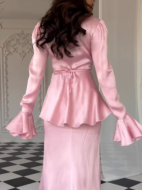 Elegant Bell Sleeve Ruffle Hem Blouse