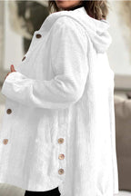 Women's Corduroy Hooded Jacket Fashion Warm Pockets Button Mid-length Top Casual Fall Winter Outwear Clothing