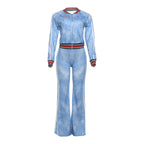 Striped Color-block Long-sleeve Top And Flared-leg Casual Pants Set