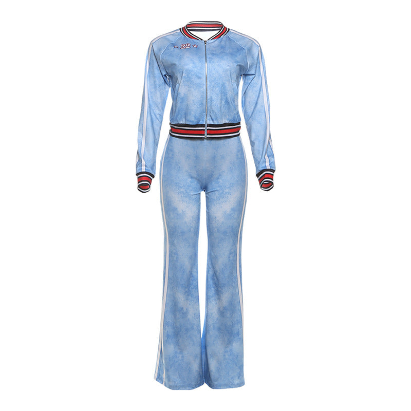 Striped Color-block Long-sleeve Top And Flared-leg Casual Pants Set
