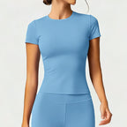 Crew-neck, Form-fitting, Quick-drying, Breathable, Shaping, Stretchy Sports Yoga Short-sleeve Top