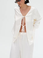 Cream Satin Tie-Front Top And Wide-Leg Pants Set