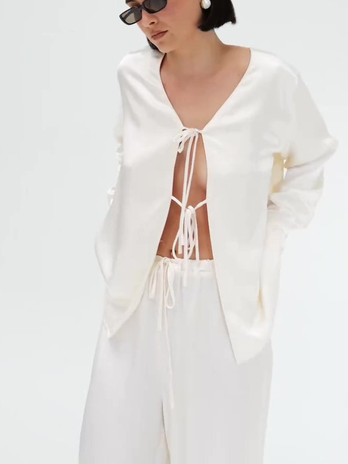 Cream Satin Tie-Front Top And Wide-Leg Pants Set