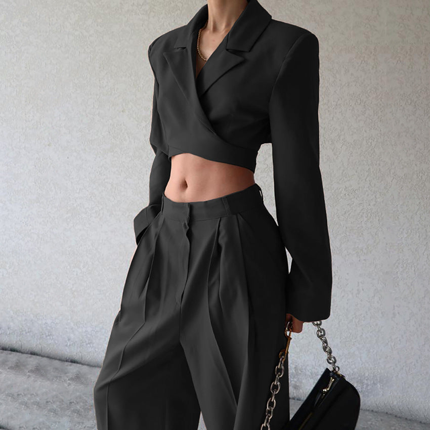 Long-sleeve Cropped Blazer And High-waist Casual Wide-leg Pants Set