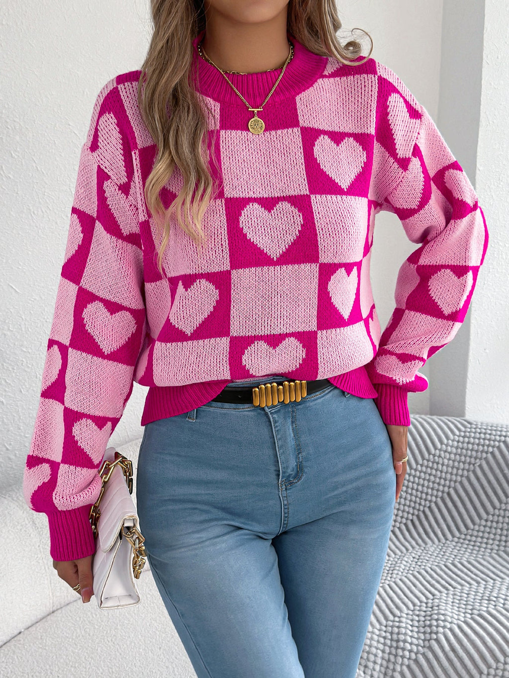 Women's Color-Blocked Plaid Heart Lantern Sleeve Pullover Sweater For Valentine's Day
